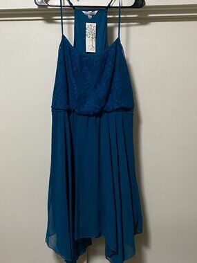 NWT - Speechless, dark teal evening gown w/lace top, asymmetrical bottom, size L